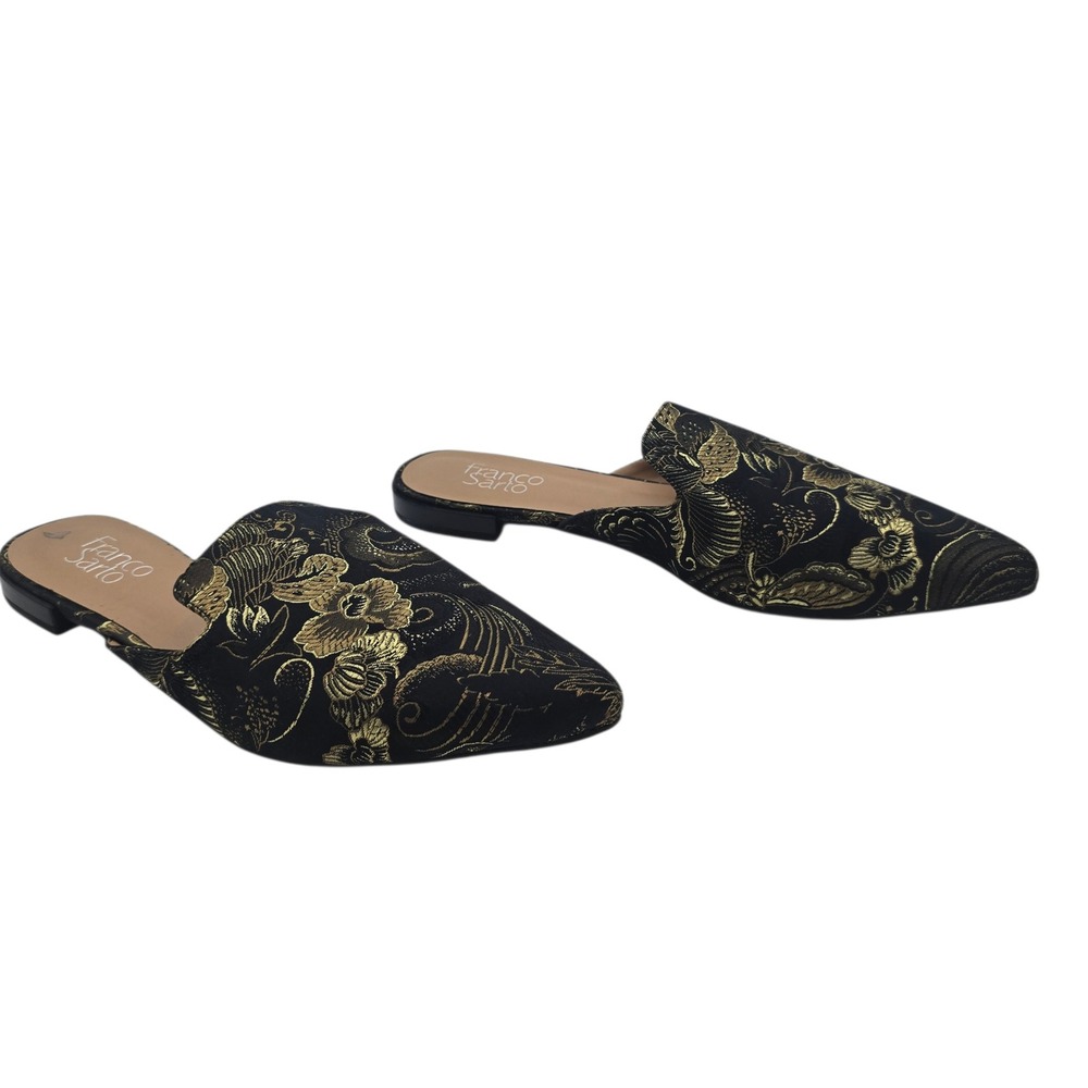 Franco Sarto Russo Brocade Mule Flats 9.5 Black Gold Floral Pointed Toe‎ Women's